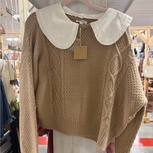 Blu Pepper Camel Cable Knit Sweater with Detachable White Peter Pan Collar